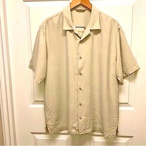 Tommy Bahama silk Hawaiian shirt, flag motif, beige or cream, L